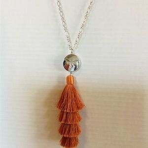 University of Texas Longhorn Mascot Silver & Necklace with Orange Fringe Tassel